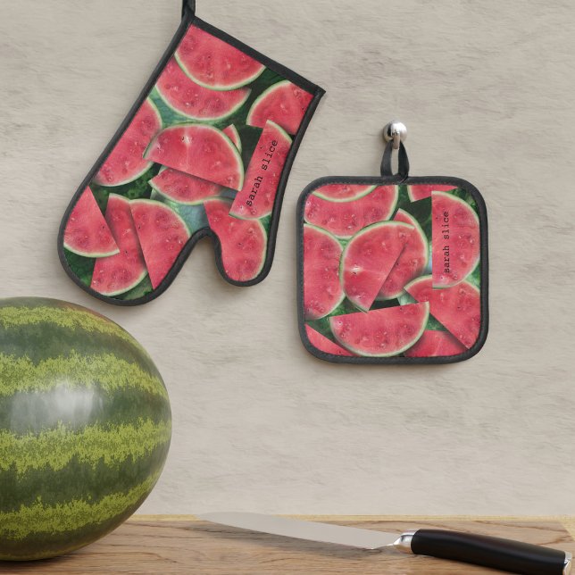 Red Watermelon Fruit Slice Oven Mitt & Pot Holder Set (Love watermelons? Add your name to this oven mitt and pot holder. Treat your kitchen today!)