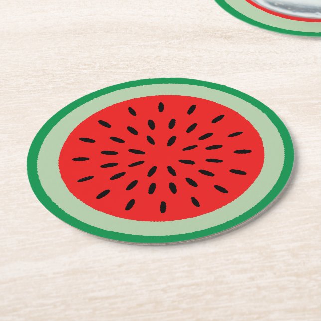 Red Watermelon Slice Black Seeds Summer Party Round Paper Coaster (Angled)