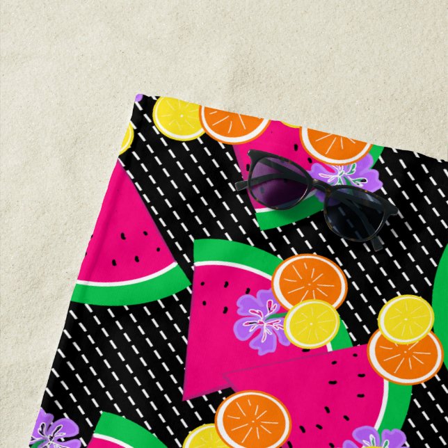 Red Watermelon Yellow Lemons Tropical Beach Towel (In Situ)