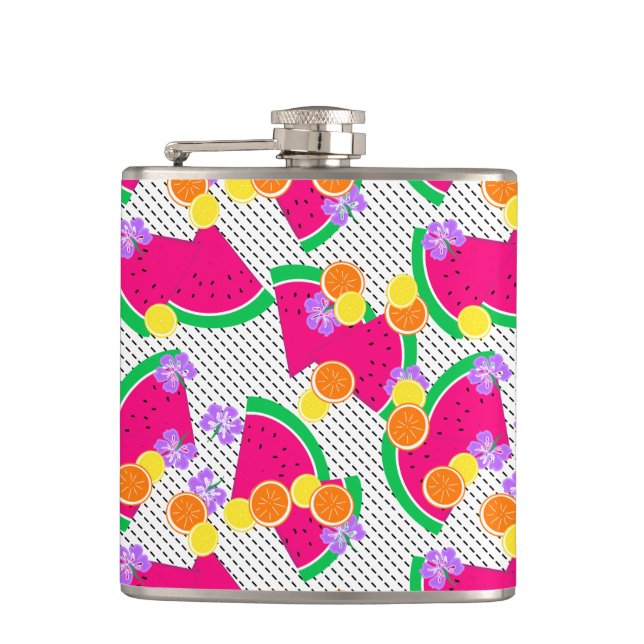 Red Watermelon Yellow Lemons Tropical on White Hip Flask (Front)