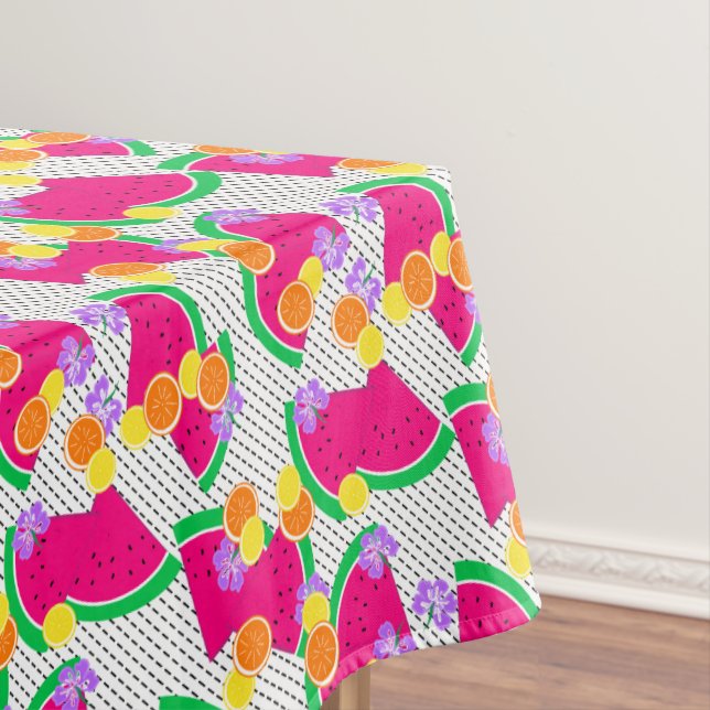 Red Watermelon Yellow Lemons Tropical on white Tablecloth (In Situ)