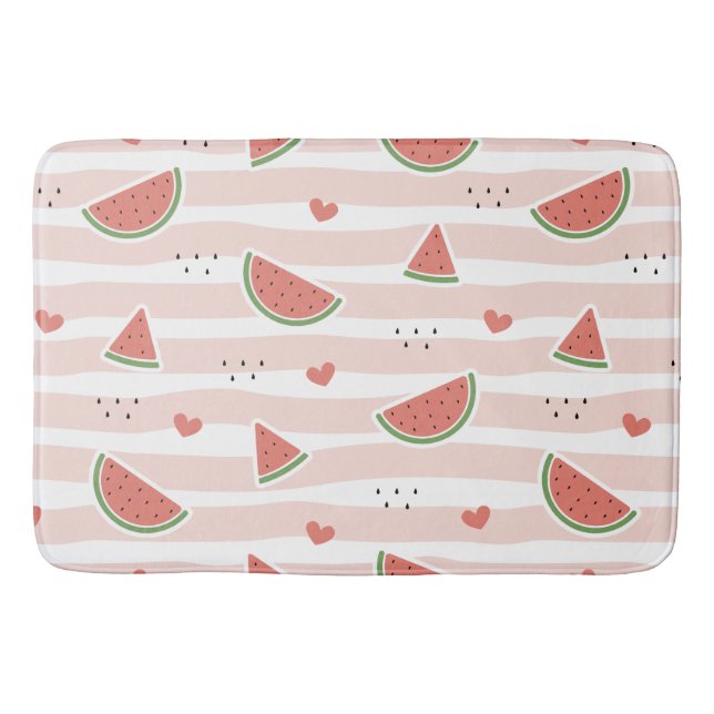 Red Watermelons, Hearts, Stripes, Summer Pattern Bath Mat (Front)