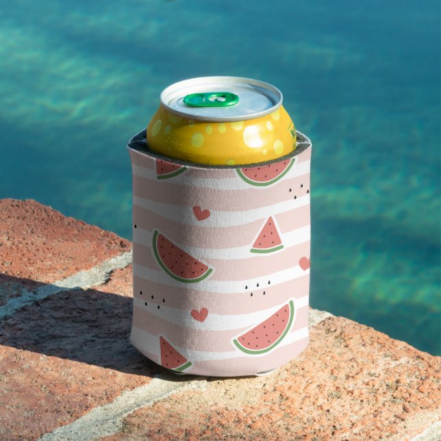 Red Watermelons, Hearts, Stripes, Summer Pattern Can Cooler (In Situ Pool)