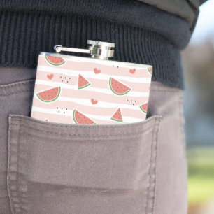 Red Watermelons, Hearts, Stripes, Summer Pattern Hip Flask
