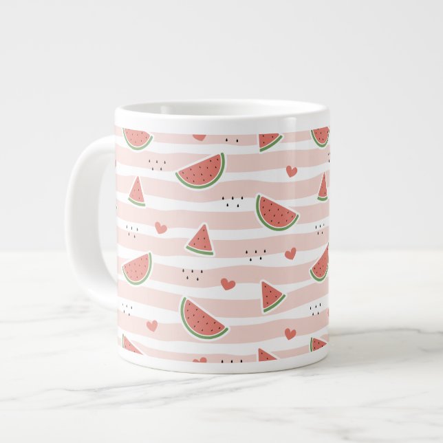 Red Watermelons, Hearts, Stripes, Summer Pattern Large Coffee Mug (Front Left)
