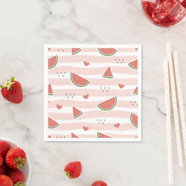 Red Watermelons, Hearts, Stripes, Summer Pattern Napkin (Insitu)