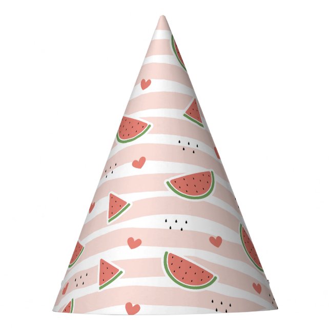 Red Watermelons, Hearts, Stripes, Summer Pattern Party Hat (Front)