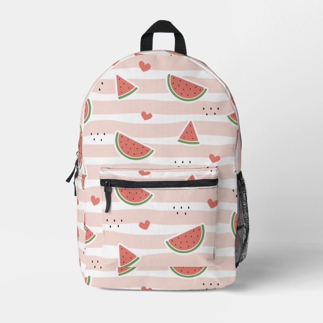 Red Watermelons, Hearts, Stripes, Summer Pattern Printed Backpack (Front)
