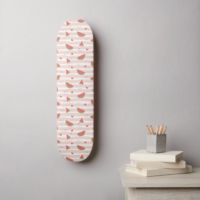 Red Watermelons, Hearts, Stripes, Summer Pattern Skateboard (Wall Art)