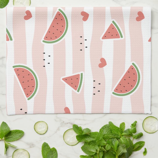 Red Watermelons, Hearts, Stripes, Summer Pattern Tea Towel (Folded)