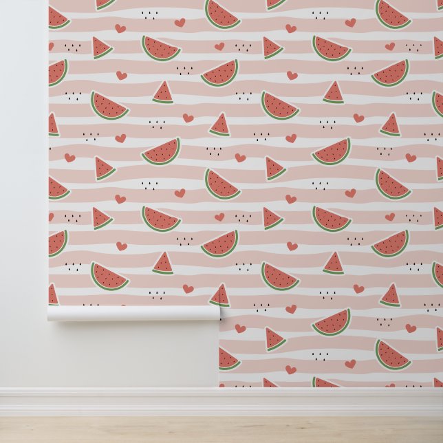 Red Watermelons, Hearts, Stripes, Summer Pattern Wallpaper (Application)