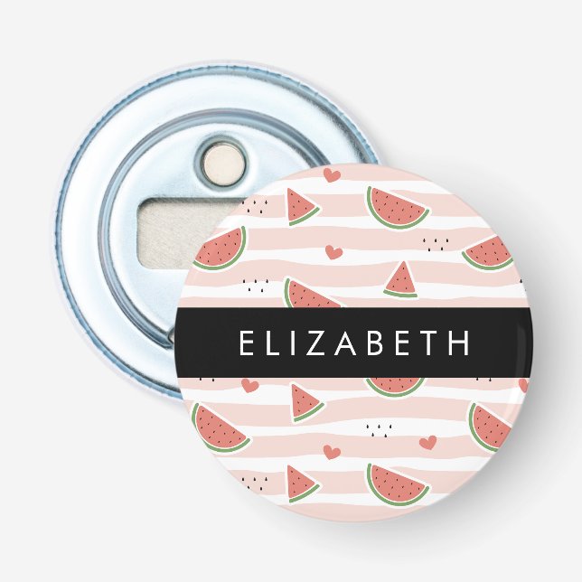Red Watermelons, Hearts, Stripes, Your Name Bottle Opener (Front)
