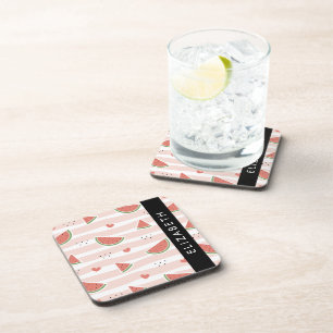 Red Watermelons, Hearts, Stripes, Your Name Coaster