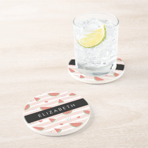 Red Watermelons, Hearts, Stripes, Your Name Coaster