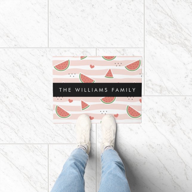 Red Watermelons, Hearts, Stripes, Your Name Doormat (Indoor)