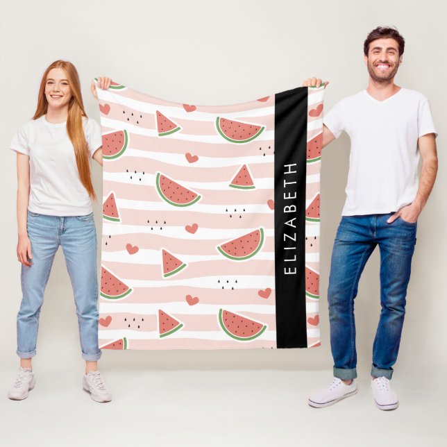 Red Watermelons, Hearts, Stripes, Your Name Fleece Blanket (In Situ)
