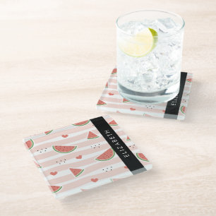 Red Watermelons, Hearts, Stripes, Your Name Glass Coaster