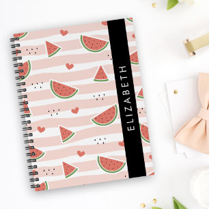 Red Watermelons, Hearts, Stripes, Your Name Notebook