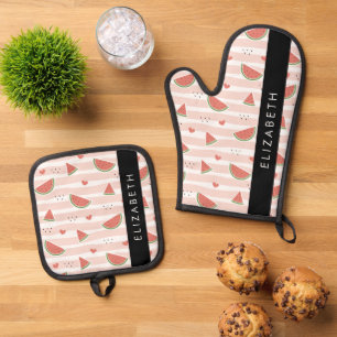 Red Watermelons, Hearts, Stripes, Your Name Oven Mitt & Pot Holder Set