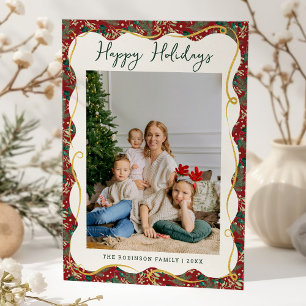 Red Wavy Frame Botanical Happy Holidays 1 Photo Holiday Card