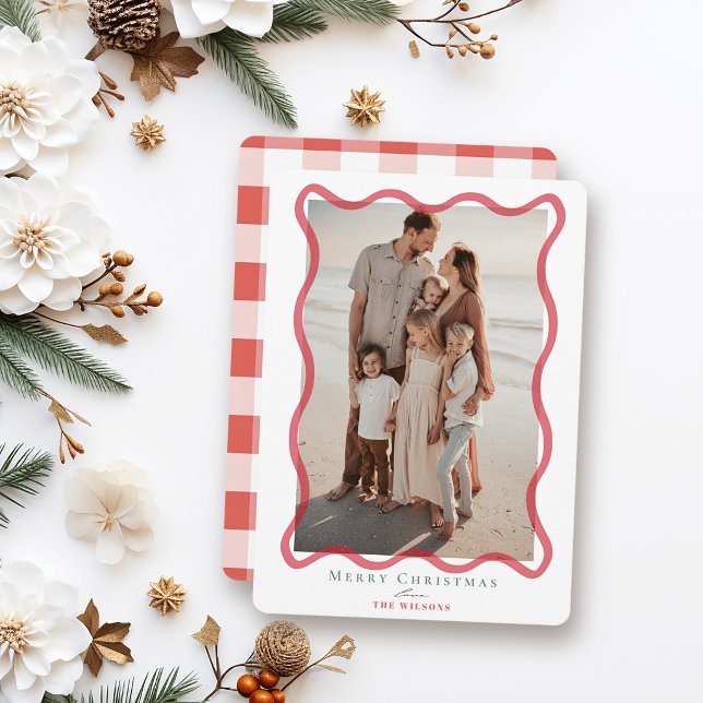 Red Wavy Frame Photo Christmas Holiday Card (Creator Uploaded)