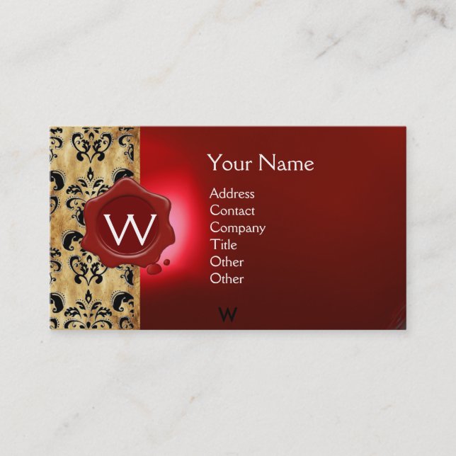 RED WAX SEAL DAMASK PARCHMENT MONOGRAM BUSINESS CARD (Front)