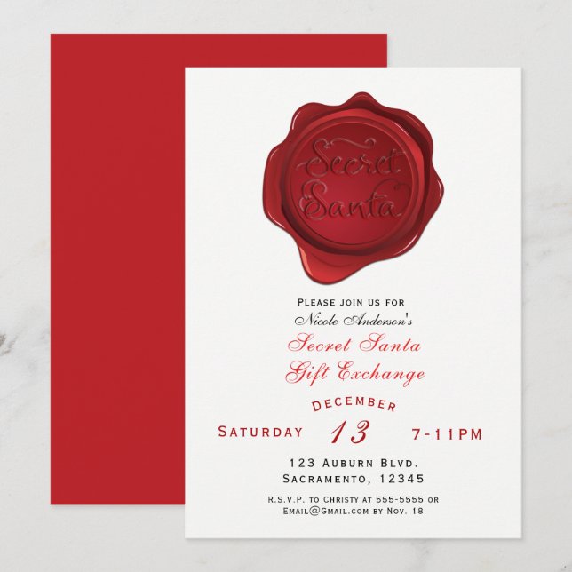 Red Wax Seal Secret Santa Holiday Christmas Party Invitation (Front/Back)