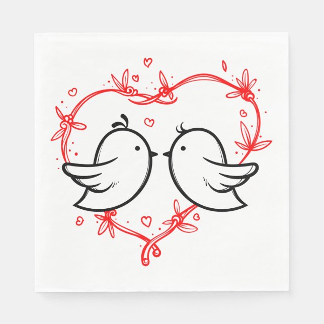 Red Wedding Black Lovebirds & Heart Bridal Shower Napkin (Front)