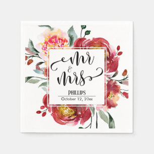 Red Wedding Flower Bouquet Mr & Mrs Typography Napkin