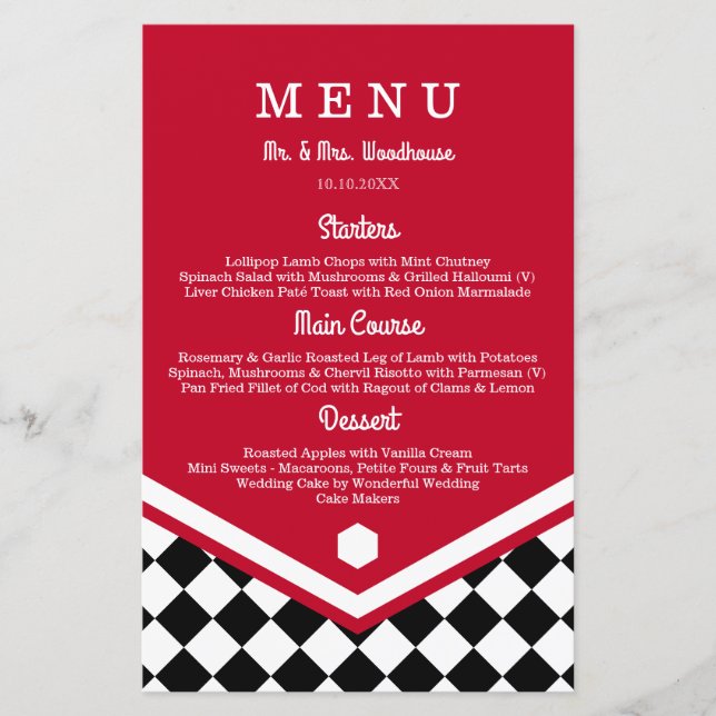 Red Wedding Menu with Black Chequered Pattern (Front)