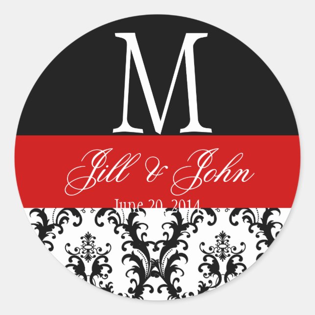 Red Wedding Monogram Names Date Damask Seal (Front)