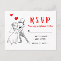 Red Wedding RSVP Cartoon Bride Groom Vintage Cute