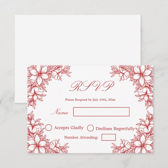 Red Wedding RSVP with Ornate Floral graphics Card (Front/Back)