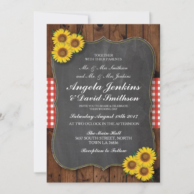 Red Wedding Rustic Sunflower Wood Chalk Invite (Front)