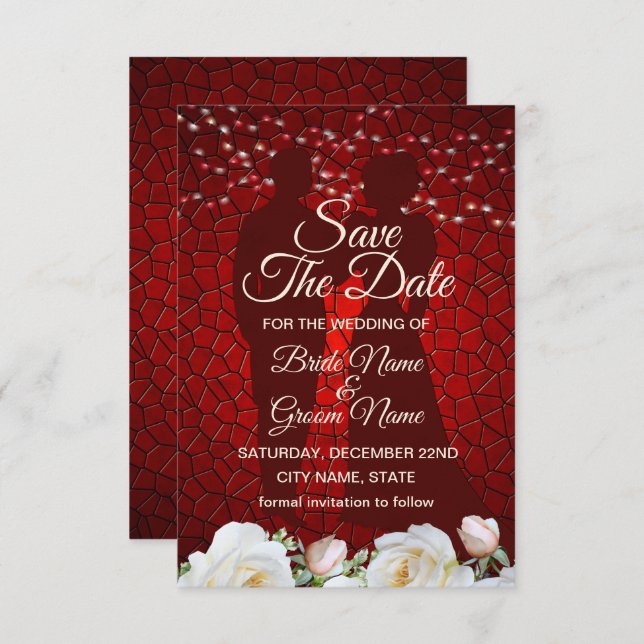 Red Wedding White Flowers Modern Save The Date (Front/Back)