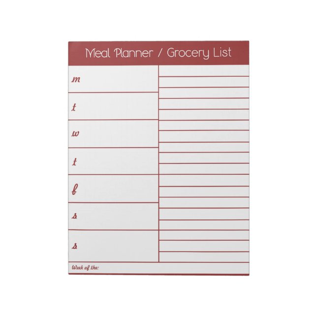 Red Weekly Meal Planner - Shopping List Notepad (Rotated)