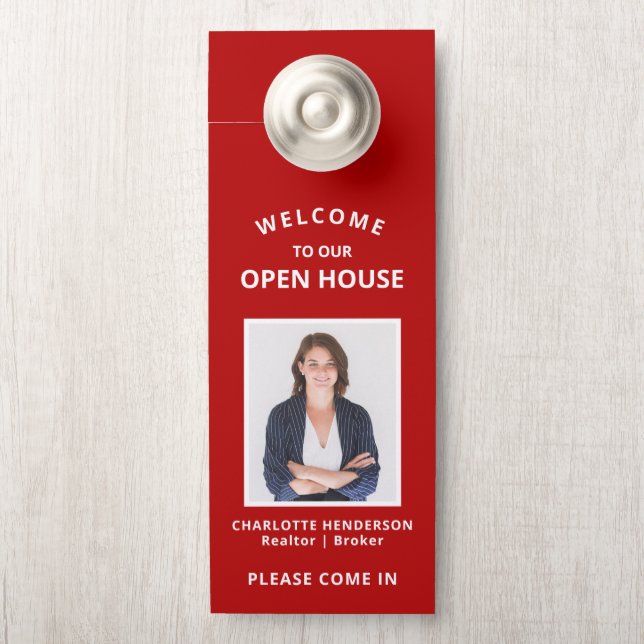 Red Welcome Open House Real Estate Agent Photo Door Hanger (On Knob)