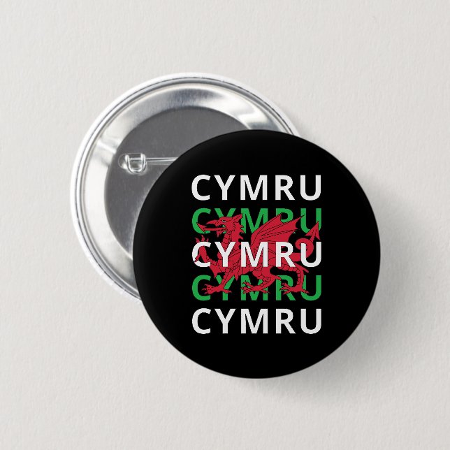 Red Welsh Dragon Cymru Repeating Text Wales Roots 6 Cm Round Badge (Front & Back)