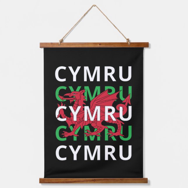 Red Welsh Dragon Cymru Repeating Text Wales Roots Hanging Tapestry (Front)