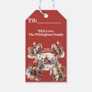 Red Western Christmas Santa On Horseback Custom Gift Tags