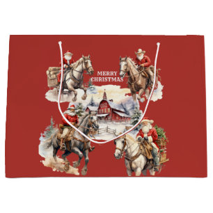 Red Western Christmas Santa On Horseback Gift Bag