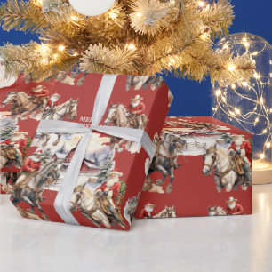 Red Western Christmas Santa On Horseback Wrapping Paper