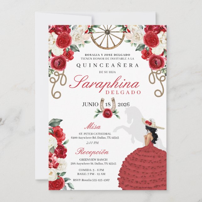 Red Western Cowgirl Boots & Roses Quinceañera Invitation (Front)