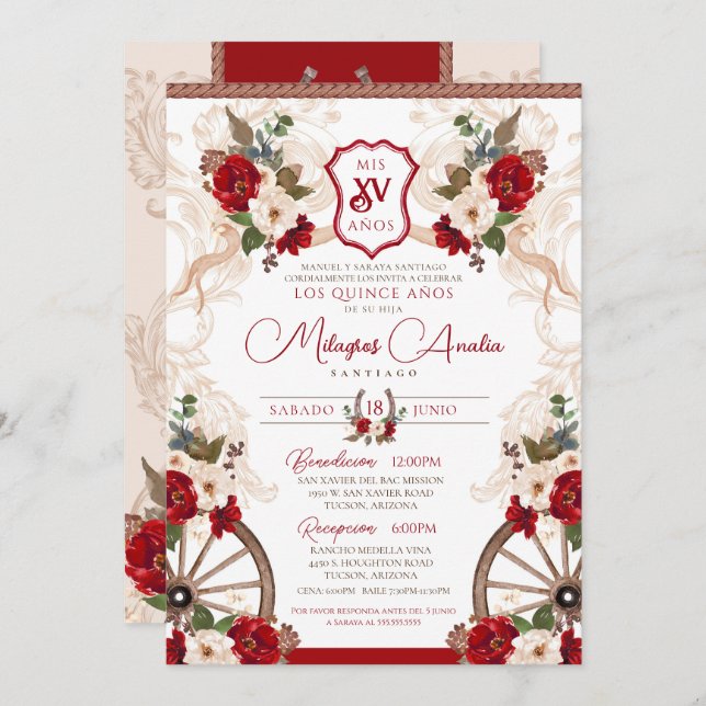 Red Western Floral Baroque Charro Quinceañera Invitation (Front/Back)