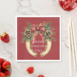 Red Western Gold Horse Shoe Christmas Pine Cones Napkin