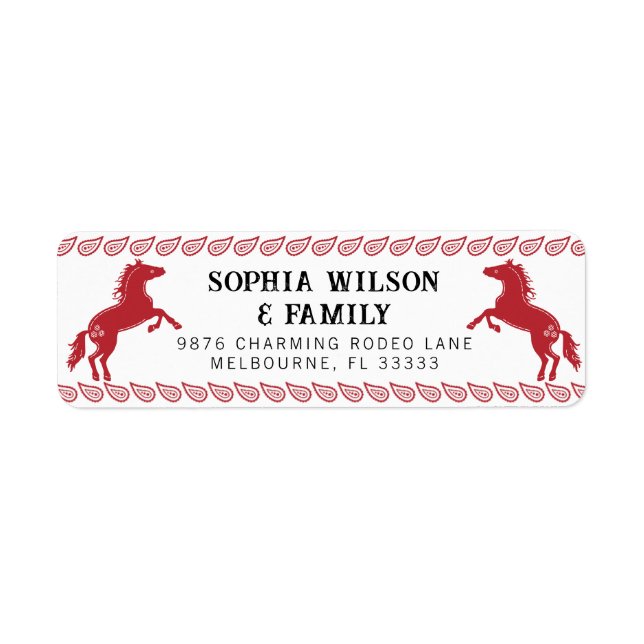 Red Western Rodeo Horse Return Address Label – Rus (Front)