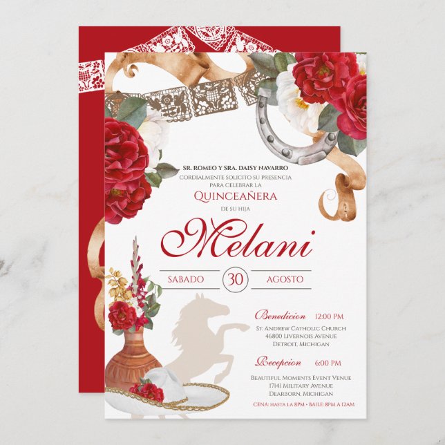 Red Western Rose Charra Ranchera Quinceanera Invitation (Front/Back)