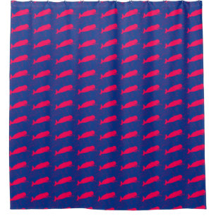 red whales on blue shower curtain