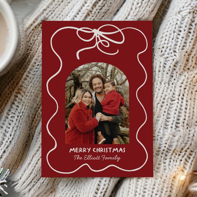 Red Whimsical Bow Frame Photo Arch Christmas Holiday Card (Creator Uploaded)