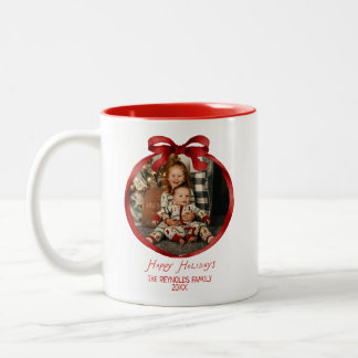 Red Whimsical Bow Frame Photo Christmas Two-Tone Coffee Mug